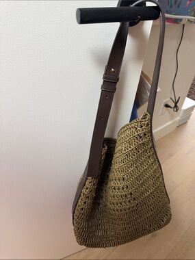 Zara Woven Straw Shoulder Bag with Brown Leather Strap